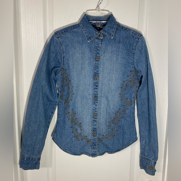 Y2K HARLEY DAVIDSON Studded & Embroidered Button Down Denim Shirt Jacket Shacket - Picture 3 of 8